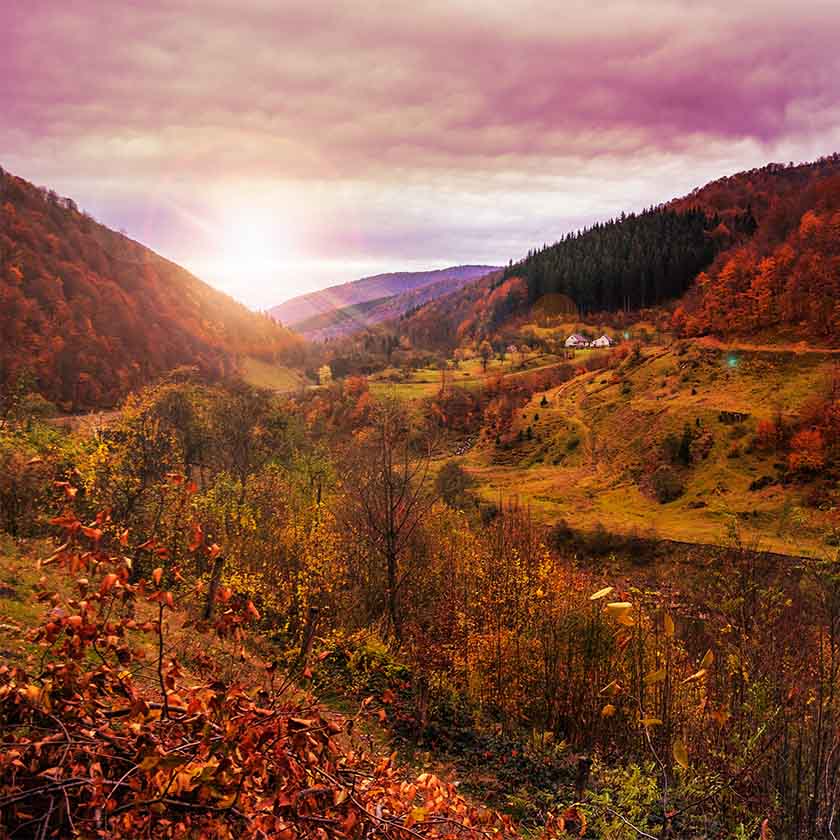 Sunsetting over autumnal valley